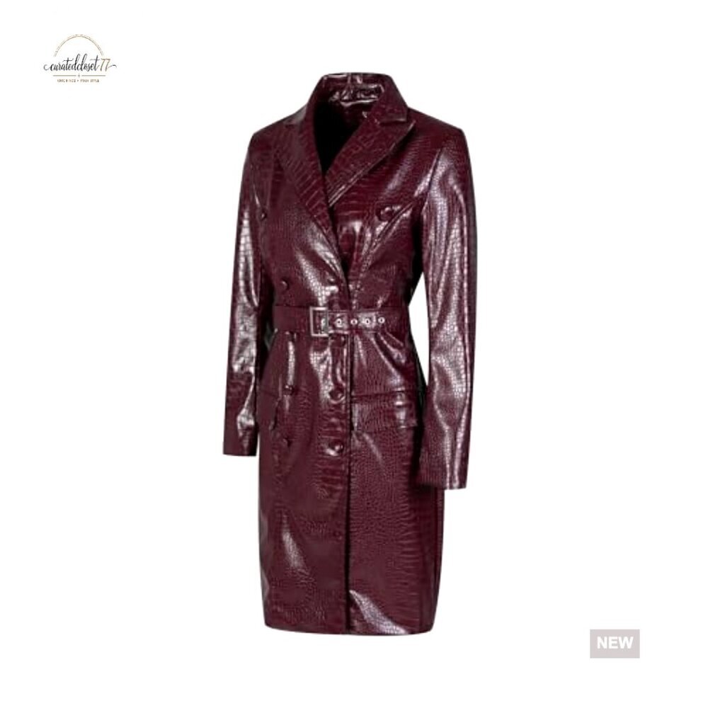 Oversized Faux Leather Trench Coat Classic Notch Lapel Slim Fit Belted Jacket - Picture 3 of 7